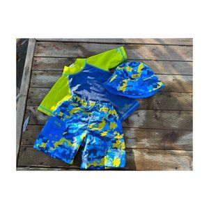 UV Skinz Swim Set Rash Guard Shirt, Shorts, Hat Yellow Blue Sz 2T